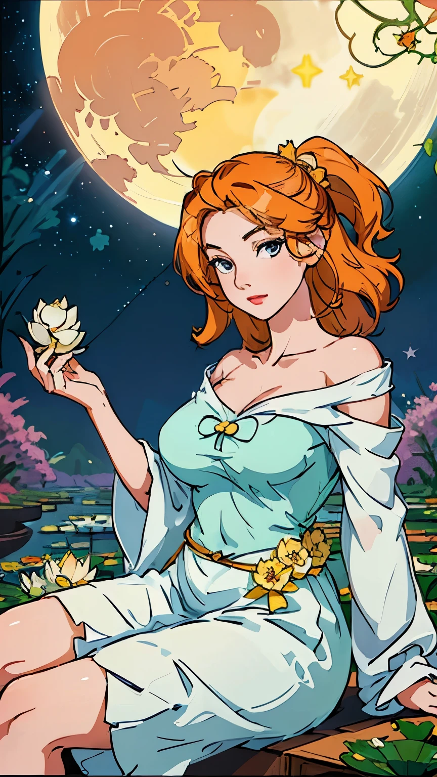 Korean woman age 29, ((Sitting in a river with many lotus flowers)), ((big star)), lotus flower and lotus leaf, ((Sky background with big stars)), Clip-in hairstyle, ((Roman frame)), Off shoulder dress, starry upper tribute, ((On the back there is a large moon on the head.)), Clear full moon and clouds, picture frame, Hair covering the chest