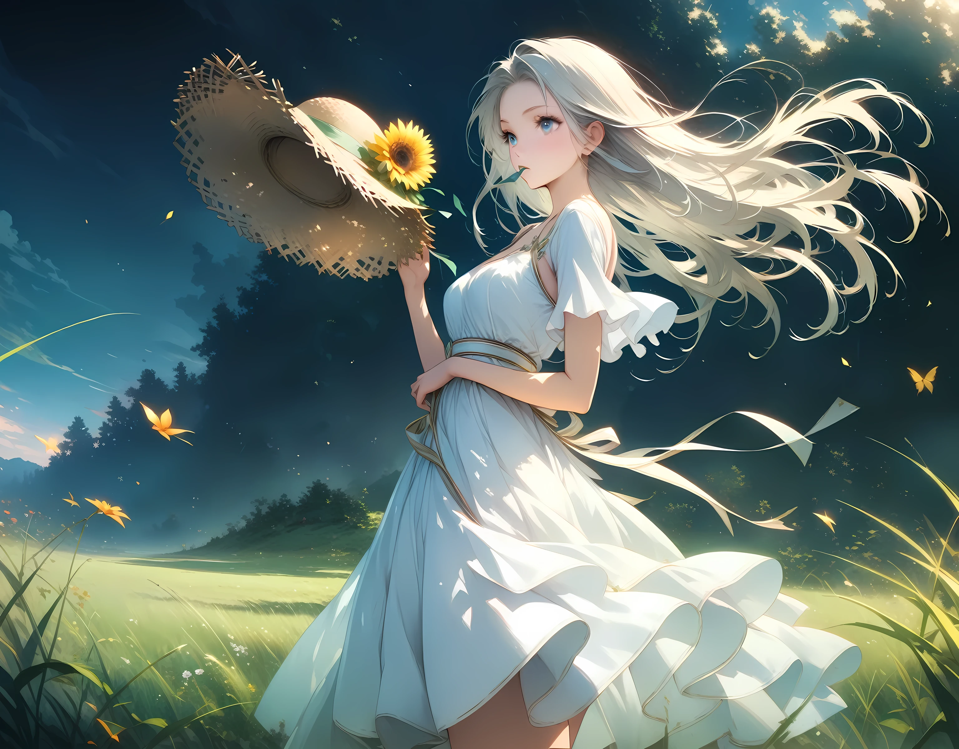 one young girl with straw hat standing on the plateau at dawn, wearing white one-piece dress blowing up with bleezing, old sister taste, straight long hair, grassland, fresh scene, early summer, 32k, ((eternal classic, masterpiece, best quality, ultra-detailed, an extremely delicate and beautiful)), ((extremely detailed CG unity 8k wallpaper)), ((award winning, ccurate, UHD, textured skin, chromatic aberration, perfect anatomy, golden ratio)), (concept art), (exquisite attention to detail), ((perfect_composition, perfect_design, perfect_layout, perfect_detail, ultra_detailed)), ((aesthetic harmony))