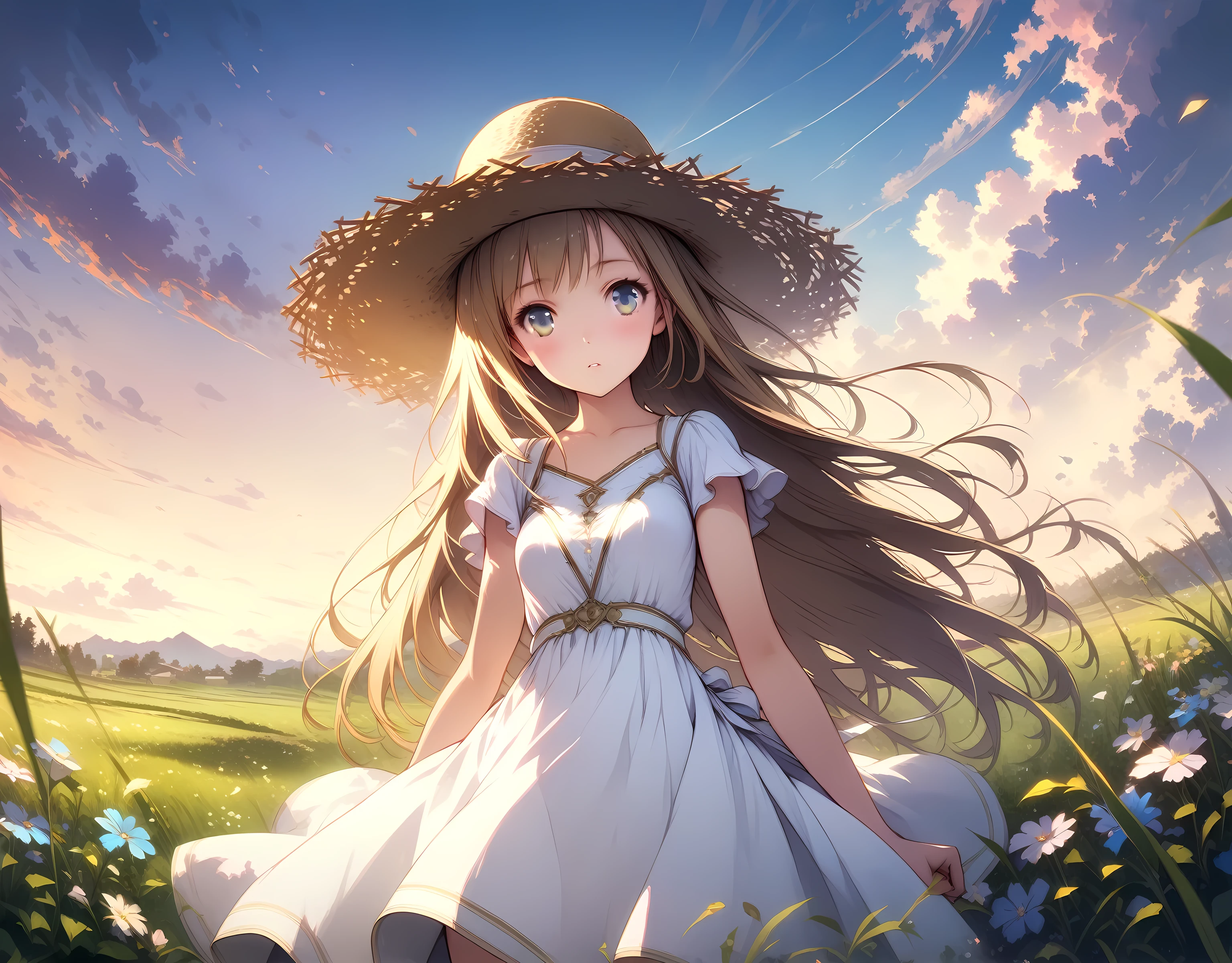 one young girl with straw hat standing on the plateau at dawn, wearing white one-piece dress blowing up with bleezing, old sister taste, straight long hair, grassland, fresh scene, early summer, 32k, ((eternal classic, best quality, ultra-detailed, an extremely delicate and beautiful)), ((extremely detailed CG unity 8k wallpaper)), ((award winning, ccurate, UHD, textured skin, chromatic aberration, perfect anatomy, golden ratio)), (concept art), (exquisite attention to detail), ((perfect_composition, perfect_design, perfect_layout, perfect_detail, ultra_detailed)), ((aesthetic harmony))