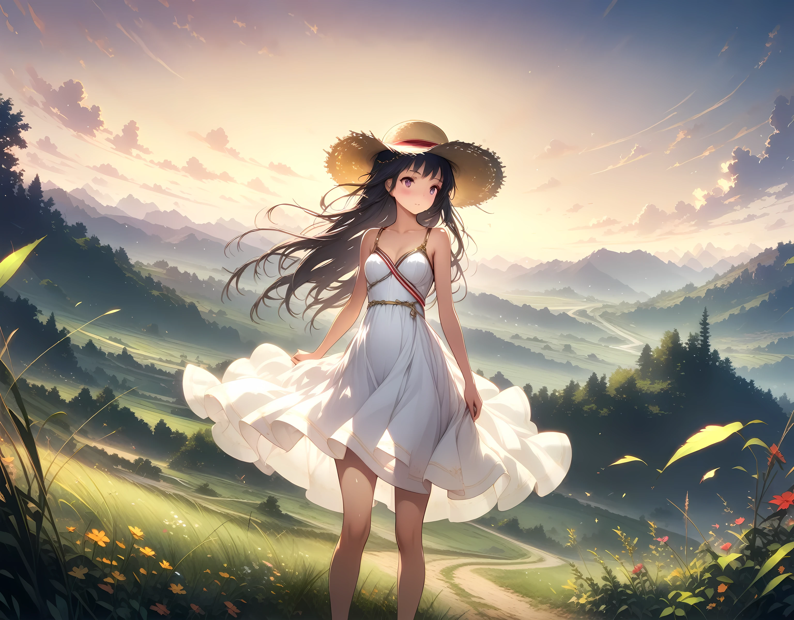 one young girl with straw hat standing on the plateau at dawn, wearing white one-piece dress blowing up with bleezing, old sister taste, straight long hair, grassland, fresh scene, early summer, 32k, ((eternal classic, best quality, ultra-detailed, an extremely delicate and beautiful)), ((extremely detailed CG unity 8k wallpaper)), ((award winning, ccurate, UHD, textured skin, chromatic aberration, perfect anatomy, golden ratio)), (concept art), (exquisite attention to detail), ((perfect_composition, perfect_design, perfect_layout, perfect_detail, ultra_detailed)), ((aesthetic harmony))