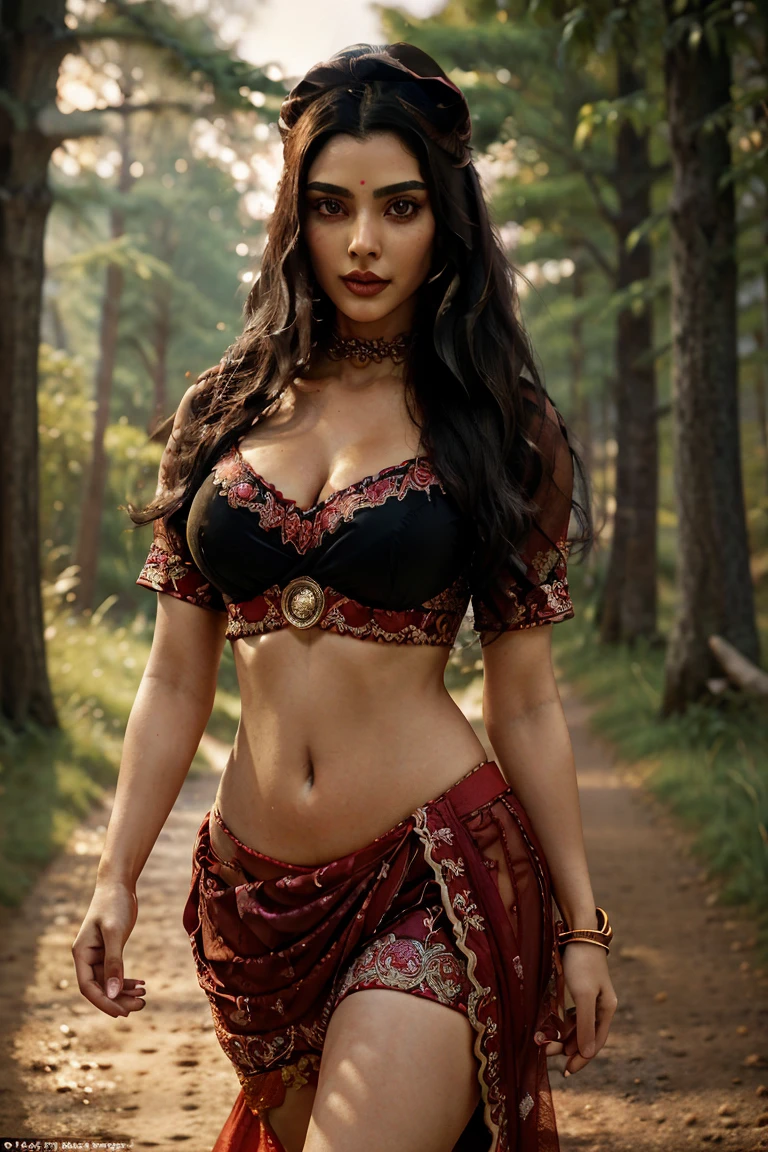 A full body capture of Scarlet witch wearing a crop top mini blouse with a deep sweetheart neckline and low waist lehenga with intricate embroidery, a navel pin, walking in a mystical forest facing the camera with snow-capped mountains in the background, a bindi and vermilion on her forehead and a cummerbund around her waist. Add some magical effects to her hand, symmetrical visage framed by long black hair cascading in ebony waves, red lipstick accentuates her expressions, (gorgeous symmetrical face), her waist tilting gently creating a dynamic curve, adorned with a navel pin, ((deep rounded navel)), ((teasing)), captured from a low-angle for an imposing effect, meticulously composed, striking sharpness achieved through octane rendering, studio lighting, all set against the warm hues of a sunset backdrop, cinematic symmetry.