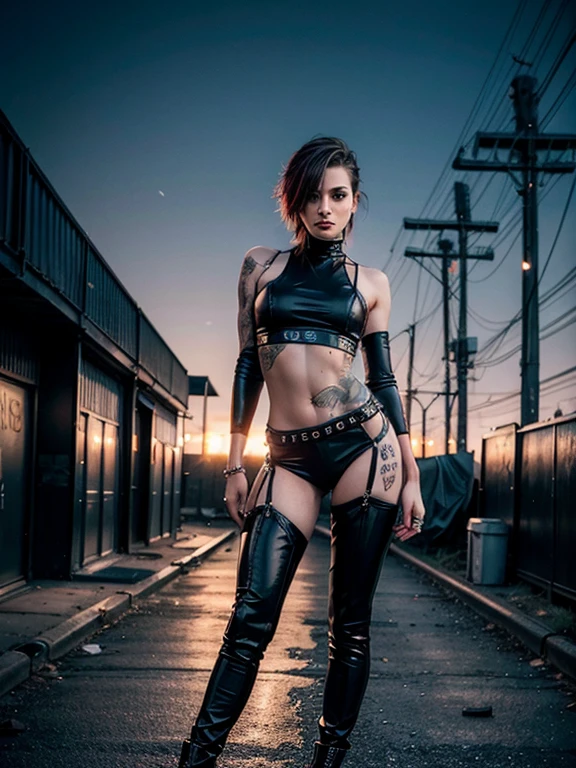 (realistic,photography:1.2), full body shot, slender sexy punk woman, techno aesthetic, techno fashion, festival outfit, modern tight sexy sensual long dressed with long side cut, black make-up, smoky eyes, abandoned industrial background, vibrant colors, high contrast lighting, dramatic pose, confident expression, urban vibe, night scene, dynamic composition, edgy atmosphere, energetic mood, futuristic elements, bold hair color, high-resolution image, crystal-clear details
