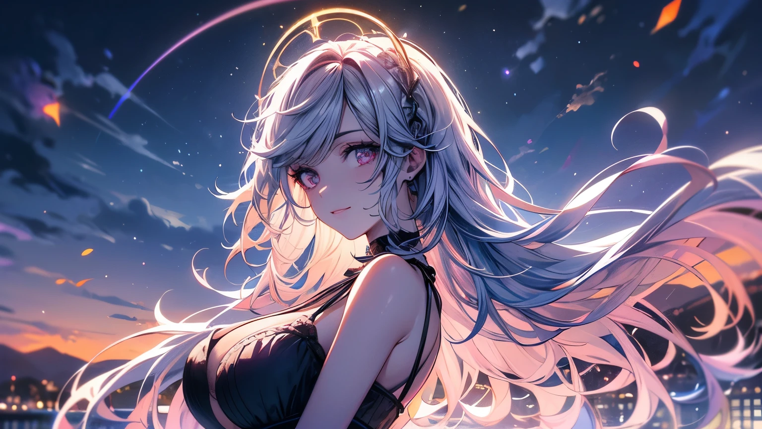 (wide angle lens), mature woman, 1 girl, computer generated illustration, (masterpiece, Best Quality, ultra detailed), Sharp focus, detailed face, facial focus, Extremely detailed eyes, by the wide, crown braid, hair over the shoulder, sky blue hair, rosa eyes, long eyelashes, (blush, little smile), delicate makeup, big breasts, bare shoulders, neckline, ((clothing colors: rosa, white, with purple and black ribbons)), ((officer, evening, fireflies, blue particles surround, mountains in the distance, Waterfall behind, breeze)), cinematic lighting, edge ray, ray tracing, shadow, Dynamic Angle