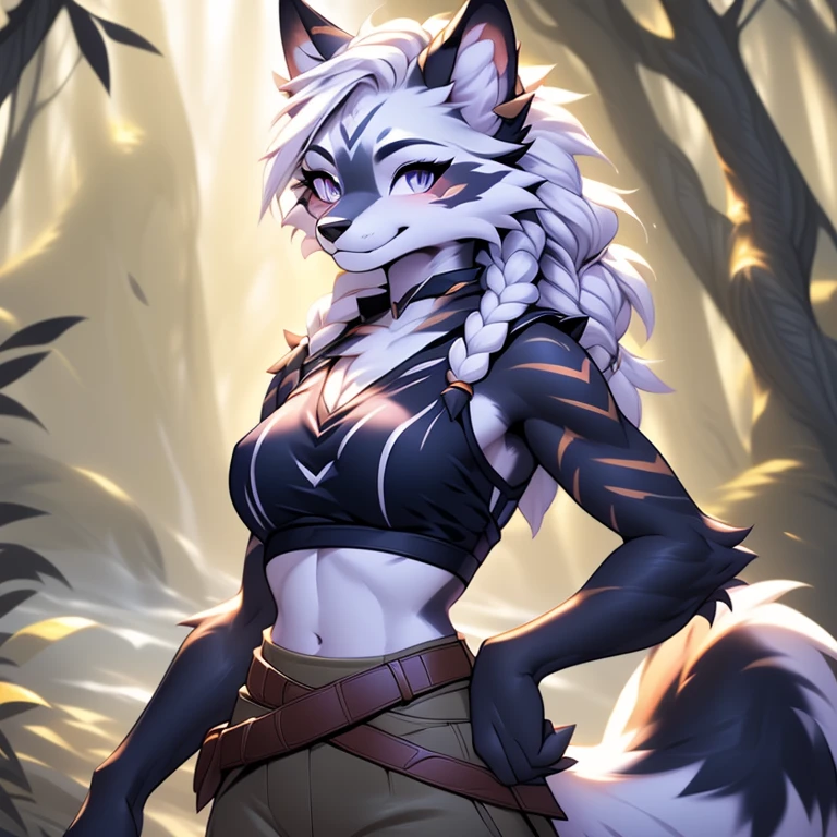 Solo, sfw, Young Female white fox-cat (((lean-body))) (((medium breasts))) (short snout),(((fur (black stripe) between neck and shoulder towards chest))) ((fur (black stripes) on waist))(ears are darker), (heterochromia (orange, violet)), (cat tail (black at end)), (white hair (single-braided)), (fantasy adventure type clothing ((violet shirt (crop top) (dark fur strips on waist)), golden-brown cloak, (navy-blue belt) khaki pants)), happy ((looking at viewer)) ((Female wolf)) (detailed eyes) (clevedge, (collarbone, shoulders), (solo, (1girl)) ((((fluffy white fur)))) ((extremely detailed fur)) (violet crop top)