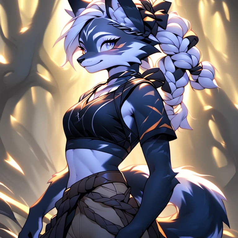 Solo, sfw, Young Female white fox-cat (((lean-body))) (((medium breasts))) (short snout),(((fur (black stripe) between neck and shoulder towards chest))) ((fur (black stripes) on waist))(ears are darker), (heterochromia (orange, violet)), (cat tail (black at end)), (white hair (single-braided)), (fantasy adventure type clothing ((violet shirt (crop top) (dark fur strips on waist)), golden-brown cloak, (navy-blue belt) khaki pants)), happy ((looking at viewer)) ((Female wolf)) (detailed eyes) (clevedge, (collarbone, shoulders), (solo, (1girl)) ((((fluffy white fur)))) ((extremely detailed fur)) (violet crop top) ((hair in face)) ((braided hair)) (big braid), sfw