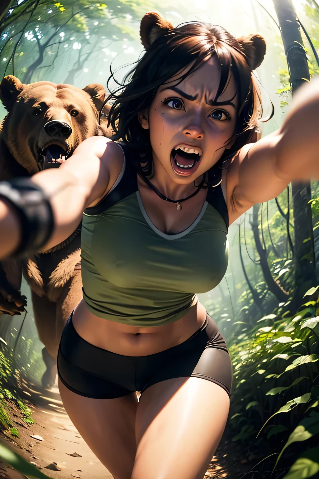 Selfies, fisheye lens, photorealistic female traveler screaming in terror and running through the jungle while being chased by an enraged bear