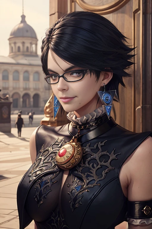 score_9, score_8_up, score_7_up, score_6_up, score_5_up, 1girl, Bayonetta, 1girl, solo, full body, looking at viewer, smile, short hair, blue eyes, jewelry, earrings, sky, black hair, glasses, lips, makeup, lipstick, eyeshadow, black-framed eyewear, alternate hair length, amulet (insanely detailed, beautiful detailed face, masterpiece, best quality) 