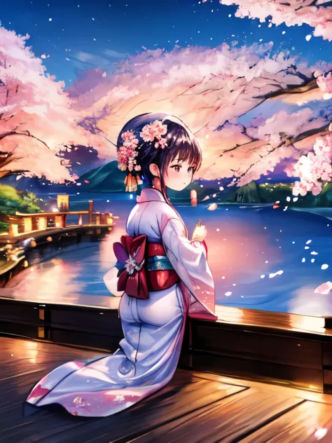 a beautiful night scene with cherry blossoms blooming under the moonlight, accompanied by a young girl wearing a traditional kim...