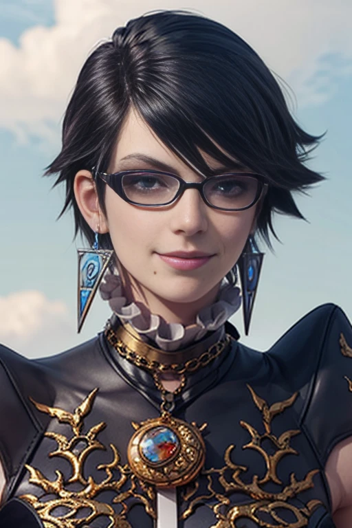 score_9, score_8_up, score_7_up, score_6_up, score_5_up, 1girl, Bayonetta, 1girl, solo, full body, looking at viewer, smile, short hair, blue eyes, jewelry, earrings, sky, black hair, glasses, lips, makeup, lipstick, eyeshadow, black-framed eyewear, alternate hair length, amulet (insanely detailed, beautiful detailed face, masterpiece, best quality) 