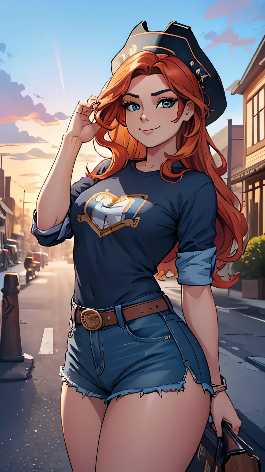 1girl, (solo:1.2), (standing:1.3), (posing for the camera:1.3), (cowboy shot:1.5), smile, happy, at ease, (curvy:1.2), (masterpiece:1.3), (best quality:1.3), (perfect anatomy:1.4), highly detailed, agawa, vibrant colors, warm palette, expressive, solid shading, clean lineart, beautiful face, beautiful eyes, (curvy:1.4), long hair, (casual attire:1.5), shirt, loose fit, (small town:1.3), street, daylight, blue sky, western architecture