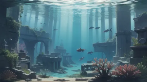 overgrown sea life, sunken atlantis ruins, seaweed, fish, coral, sjarks, sea creatures,