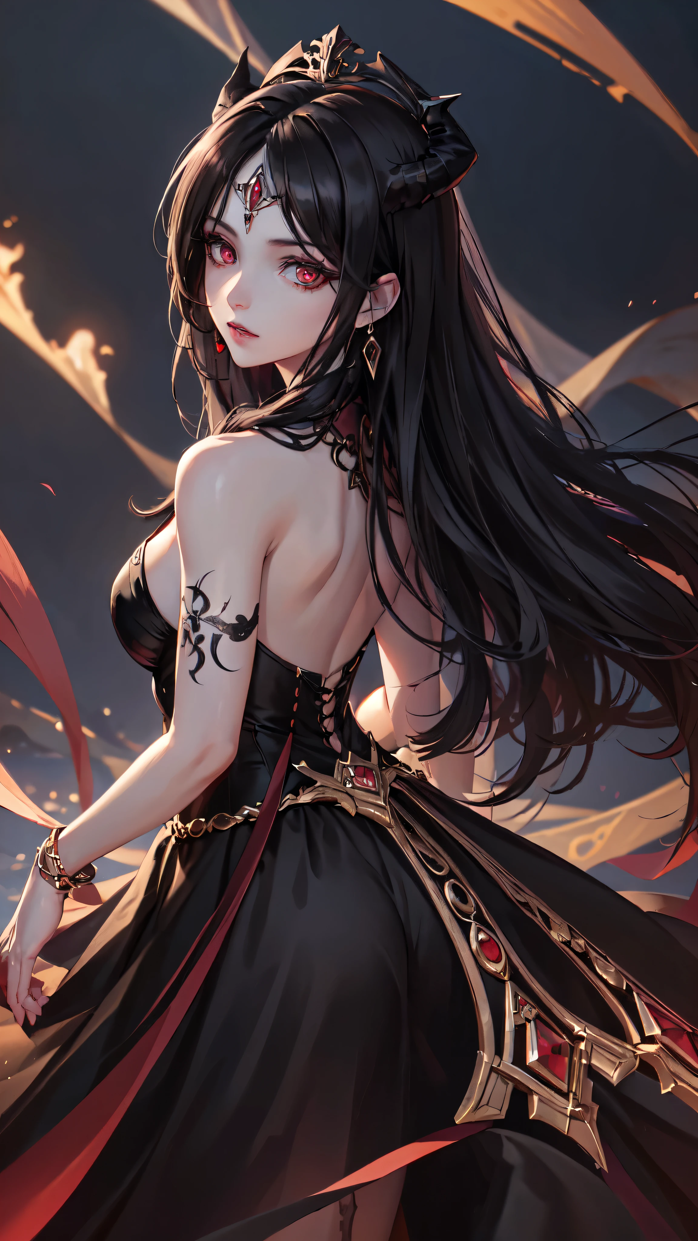 (high quality,best quality,masterpiece:1.2),1 girl,beautiful and delicate eyes,Beautiful and delicate lips,Extremely detailed eyes and face,long eyelashes,black hair,red eyes,earrings,view from behind,Show back,skirt,Blood,dark atmosphere,gothic style,pale skin,color tattoo,Crow crows,Unforgettable background music,mysterious lights,soft focus,bright colors, detailed face, detailed hands, detailed eyes