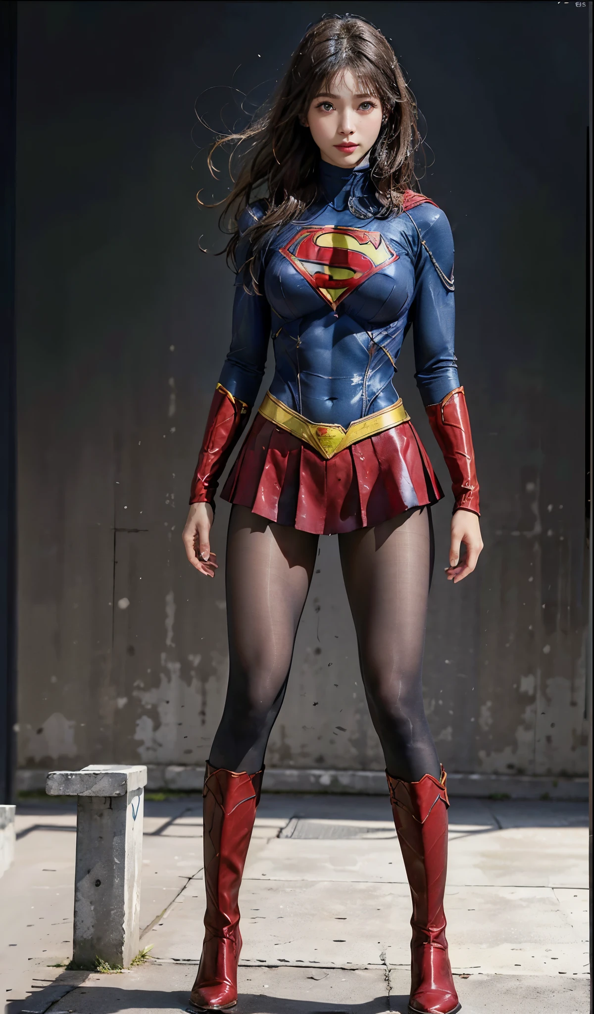 No background、(((Beautiful legs in black tights.)))、(((Legally express the beauty of your smile)))、((((Make the most of your original images)))、(((Supergirl Costume)))、(((Beautiful Hair)))、(((suffering)))、(((Please wear black tights....、Wear red boots)))、((Best image quality、8K))、((highest quality、8K、masterpiece:1.3))、(((Preserve background )))、Sharp focus:1.2、Beautiful woman with perfect figure:1.4、Thin abdominal muscles:1.2、Wet body:1.5、Highly detailed face and skin texture、8K