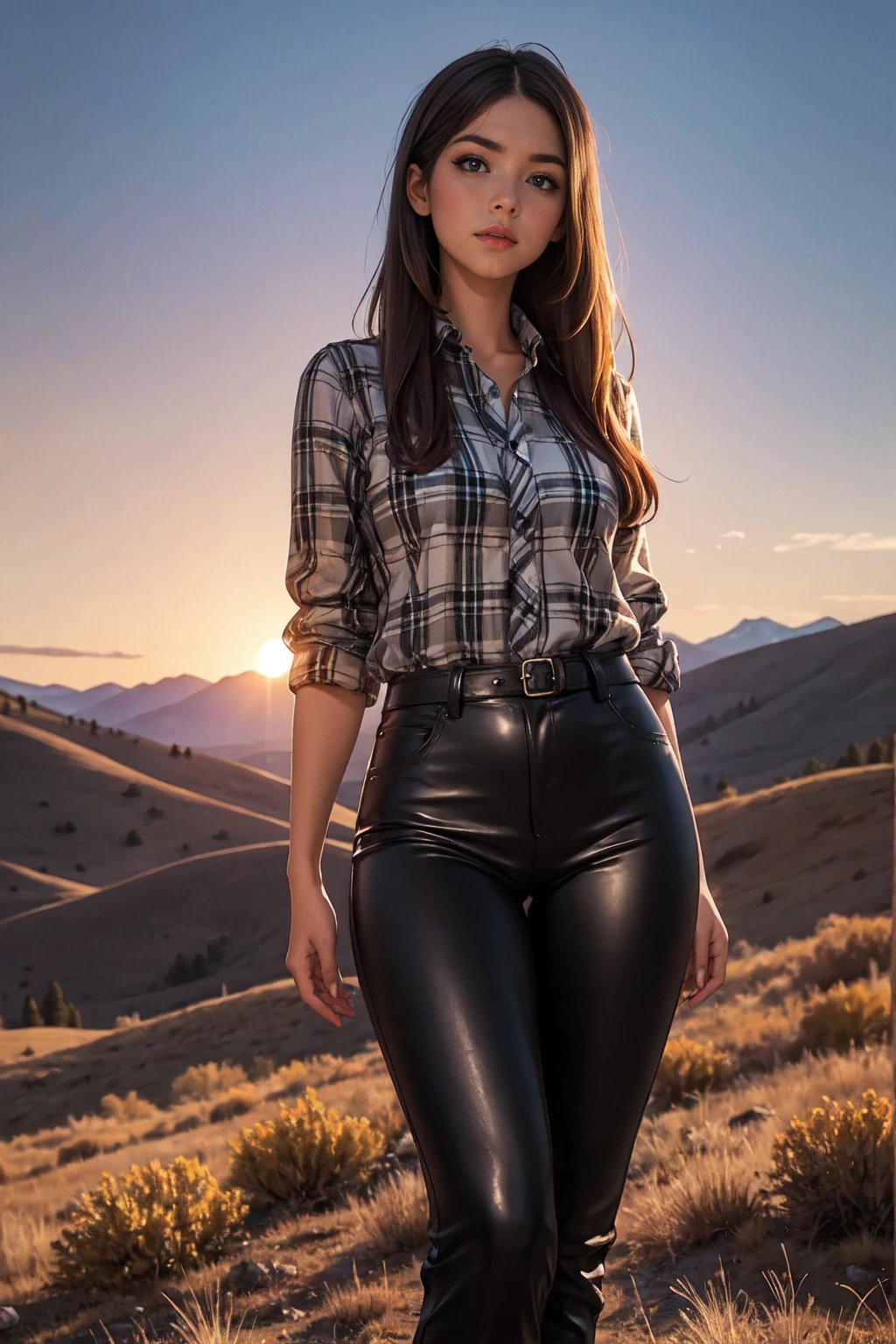 estilo fotorrealista de una morena con pelo largo con pantalones de cuero negro y una camisa a cuadros con el telón de fondo del paisaje del Salvaje Oeste de Colorado al atardecer