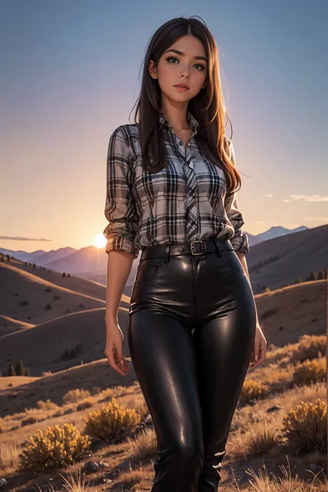 photorealistic style of a brunette with long hair in black leather pants and a plaid shirt against the backdrop of the Colorado ...