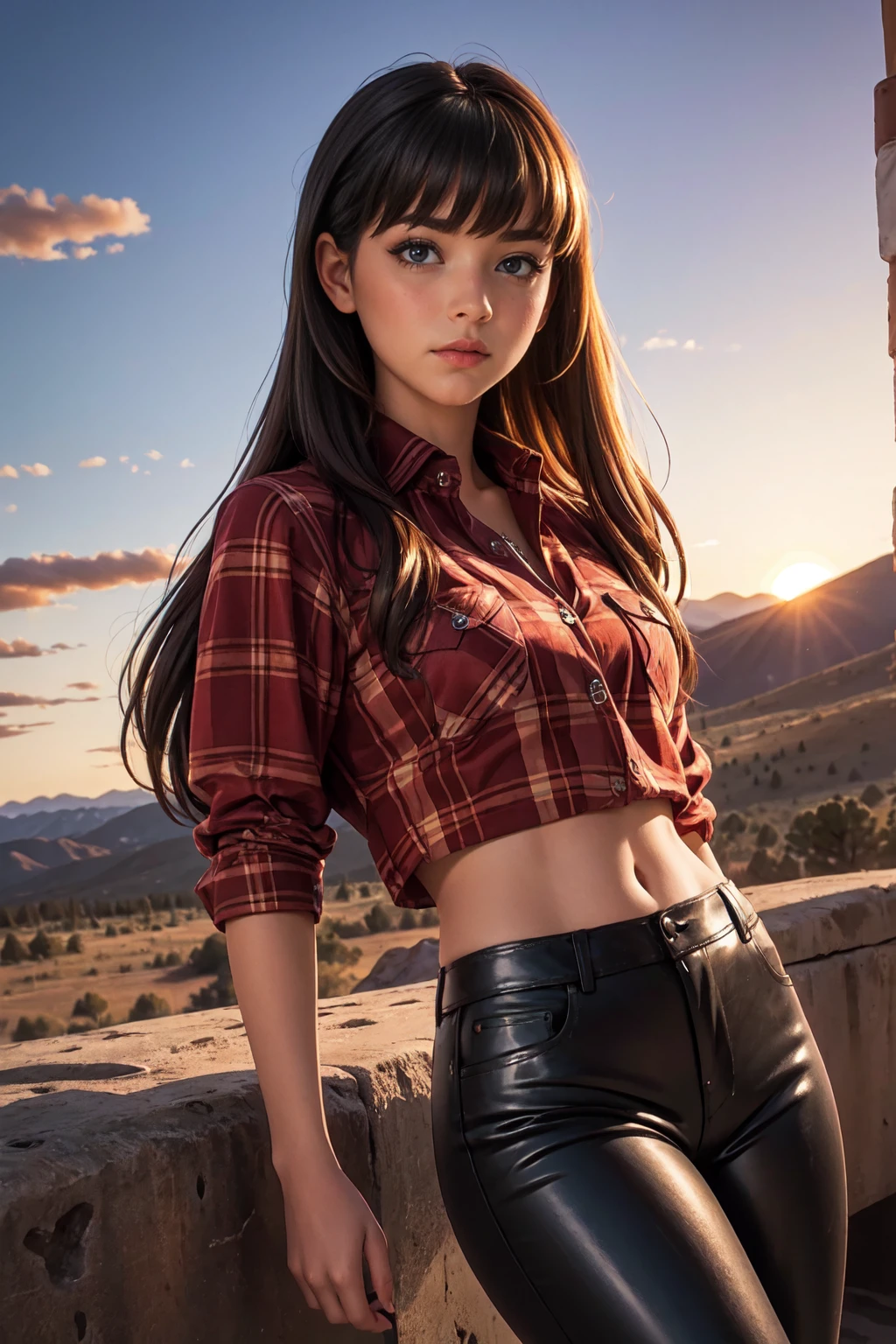 photorealistic style of a brunette with long hair in black leather pants and a plaid shirt against the backdrop of the Colorado Wild West landscape at sunset