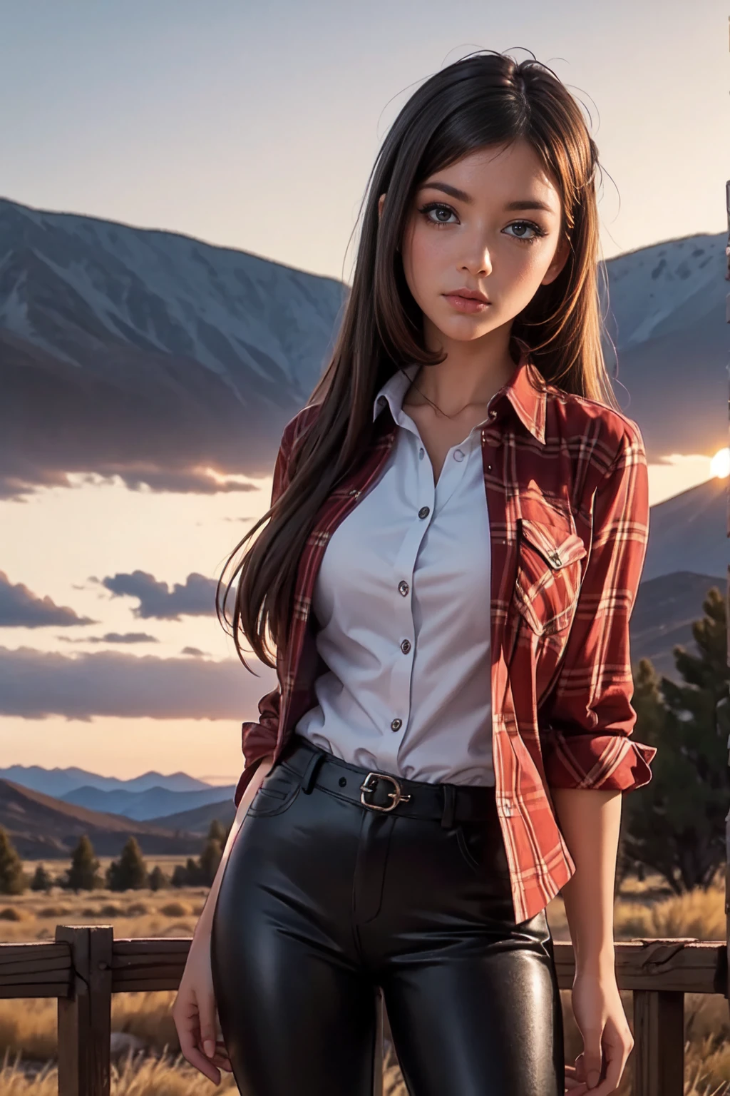 photorealistic style of a brunette with long hair in black leather pants and a plaid shirt against the backdrop of the Colorado Wild West landscape at sunset