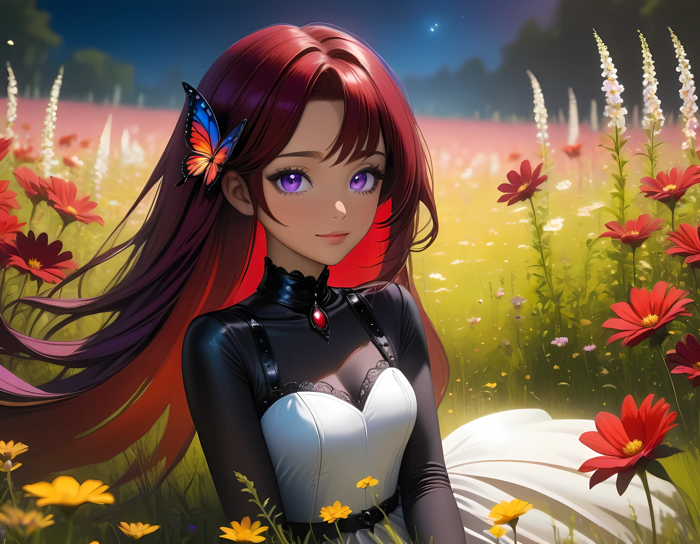 high details, best quality, 16k, RAW, [best detailed], masterpiece, best quality, (extremely detailed), full body, ultra wide shot, photorealistic, dark fantasy art, goth art, RPG art, D&D art, a picture of a dark female fairy resting in a flower meadow, extremely beautiful fairy, ultra feminine (intense details, Masterpiece, best quality), best detailed face (intense details, Masterpiece, best quality), having wide butterfly wings, spread butterfly wings (intense details, Masterpiece, best quality: 1.3), (purple: 1.5) colors wings (intense details, Masterpiece, best quality), (dark red) hair, long hair, shinning hair, flowing hair, shy smile, innocent smile, (blue: 1.3) eyes, dark blue lips, wearing (white: 1.3) dress latex corset (intense details, Masterpiece, best quality), dynamic elegant shirt, chocker, wearing (red: 1.3) high heels, in various shades of red colored flower meadow (intense details, Masterpiece, best quality), (red flowers: 1.2) , (black flowers: 1.2), (white flowers: 1.2), (blue flowers: 1.3) [extreme many flowers] (intense details, Masterpiece, best quality), dark colorful flowers (intense details, Masterpiece, best quality), flower meadow in a dark goth field background, night time, moon rising, dim light, cinematic light, High Detail, Ultra High Quality, High Resolution, 16K Resolution, Ultra HD Pictures, 3D rendering Ultra Realistic, Clear Details, Realistic Detail, Ultra High Definition, #chinese cloth, dungeons and dragons, DonMDr4g0nXL