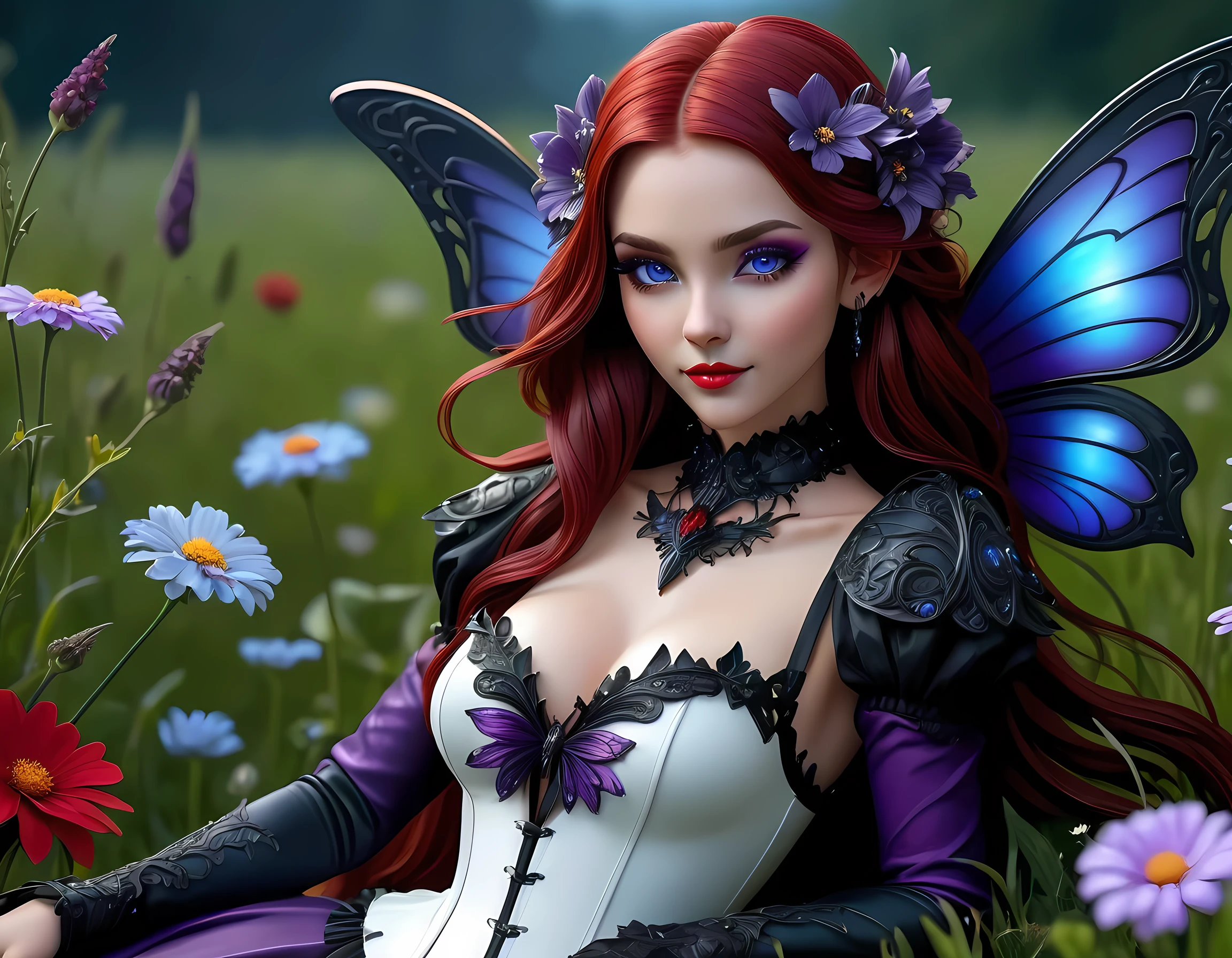 high details, best quality, 16k, RAW, [best detailed], masterpiece, best quality, (extremely detailed), full body, ultra wide shot, photorealistic, dark fantasy art, goth art, RPG art, D&D art, a picture of a dark female fairy resting in a flower meadow, extremely beautiful fairy, ultra feminine (intense details, Masterpiece, best quality), best detailed face (intense details, Masterpiece, best quality), having wide butterfly wings, spread butterfly wings (intense details, Masterpiece, best quality: 1.3), (purple: 1.5) colors wings (intense details, Masterpiece, best quality), (dark red) hair, long hair, shinning hair, flowing hair, shy smile, innocent smile, (blue: 1.3) eyes, dark blue lips, wearing (white: 1.3) dress latex corset (intense details, Masterpiece, best quality), dynamic elegant shirt, chocker, wearing (red: 1.3) high heels, in various shades of red colored flower meadow (intense details, Masterpiece, best quality), (red flowers: 1.2) , (black flowers: 1.2), (white flowers: 1.2), (blue flowers: 1.3) [extreme many flowers] (intense details, Masterpiece, best quality), dark colorful flowers (intense details, Masterpiece, best quality), flower meadow in a dark goth field background, night time, moon rising, dim light, cinematic light, High Detail, Ultra High Quality, High Resolution, 16K Resolution, Ultra HD Pictures, 3D rendering Ultra Realistic, Clear Details, Realistic Detail, Ultra High Definition, #chinese cloth, dungeons and dragons, DonMDr4g0nXL