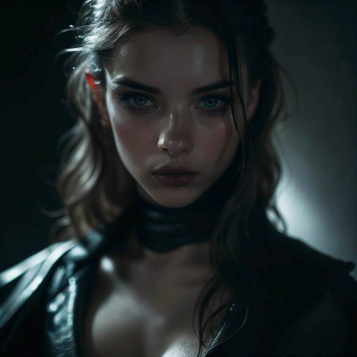 (((ultra realistic))) Photo, masterpiece, top quality, pale skin, (Ultra detailed face and eyes:1.2), 1 girl, gloomy atmosphere, Dark background, (Eye makeup, mascara) , ((Dark wavy hair)) , ((Stylish hairstyle)) , Natural breasts, [[Slim waist, slender body]] . ((Posing)) , (body curves), In Lifchik, photoshoot, studio (Contour lighting), (The play of light and shadows), depth of field, bokeh, (special attention to skin detail: 1.2), Detailed leather texture, skin pores, ((Dark and gloomy atmosphere frame. color scheme - black, Gray, Ashen, Tons)), (Film grain, VHS effect), (shine) , ((rays)) , ((close-up portrait, close to the camera)) , ultra detialed, 