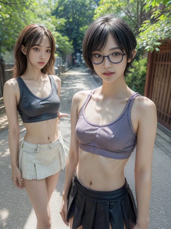 傑作、8K、32k、頂級品質、(細緻的眼睛)、(一個可愛的日本女人)、23歲、(2 個女孩在:1.4)、優雅的、(細緻的背景描繪),(粉彩運動內衣:1.2), 休息 (迷你裙:1.3)、日本胡同、正在站著、陽光、白天、(微笑:1.2)、(牛仔射擊),(無胸罩的:1.4),(修長的身材:1.5),(一隻眼睛上方的黑色短波浪精靈頭髮:1.3),劈裂,眼鏡