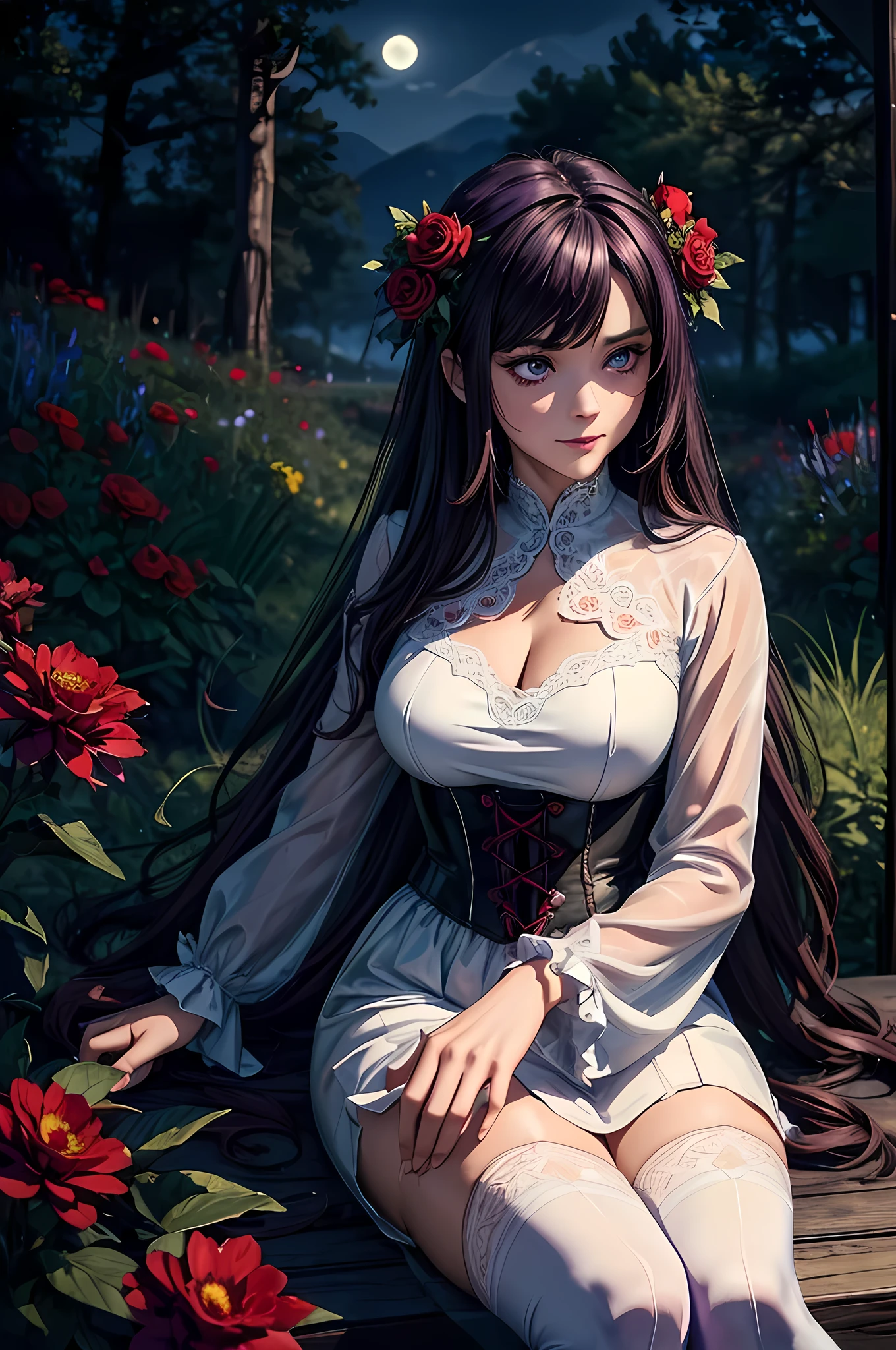 high details, best quality, 16k, RAW, [best detailed], masterpiece, best quality, (extremely detailed), full body, ultra wide shot, photorealistic, dark fantasy art, goth art, RPG art, D&D art, a picture of a dark female fairy resting in a flower meadow, extremely beautiful fairy, ultra feminine (intense details, Masterpiece, best quality), best detailed face (intense details, Masterpiece, best quality), having wide butterfly wings butterfly_wings, spread butterfly wings (intense details, Masterpiece, best quality: 1.3), (purple: 1.5) colors wings (intense details, Masterpiece, best quality), (dark red) hair, long hair, shinning hair, flowing hair, shy smile, innocent smile, (blue: 1.3) eyes, dark blue lips, wearing (white: 1.3) dress latex corset (intense details, Masterpiece, best quality), dynamic elegant shirt, chocker, wearing (red: 1.3) high heels, in various shades of red colored flower meadow (intense details, Masterpiece, best quality), (red flowers: 1.2) , (black flowers: 1.2), (white flowers: 1.2), (blue flowers: 1.3) [extreme many flowers] (intense details, Masterpiece, best quality), dark colorful flowers (intense details, Masterpiece, best quality), flower meadow in a dark goth field background, night time, moon rising, dim light, cinematic light, High Detail, Ultra High Quality, High Resolution, 16K Resolution, Ultra HD Pictures, 3D rendering Ultra Realistic, Clear Details, Realistic Detail, Ultra High Definition, #chinese cloth, dungeons and dragons, DonMDr4g0nXL