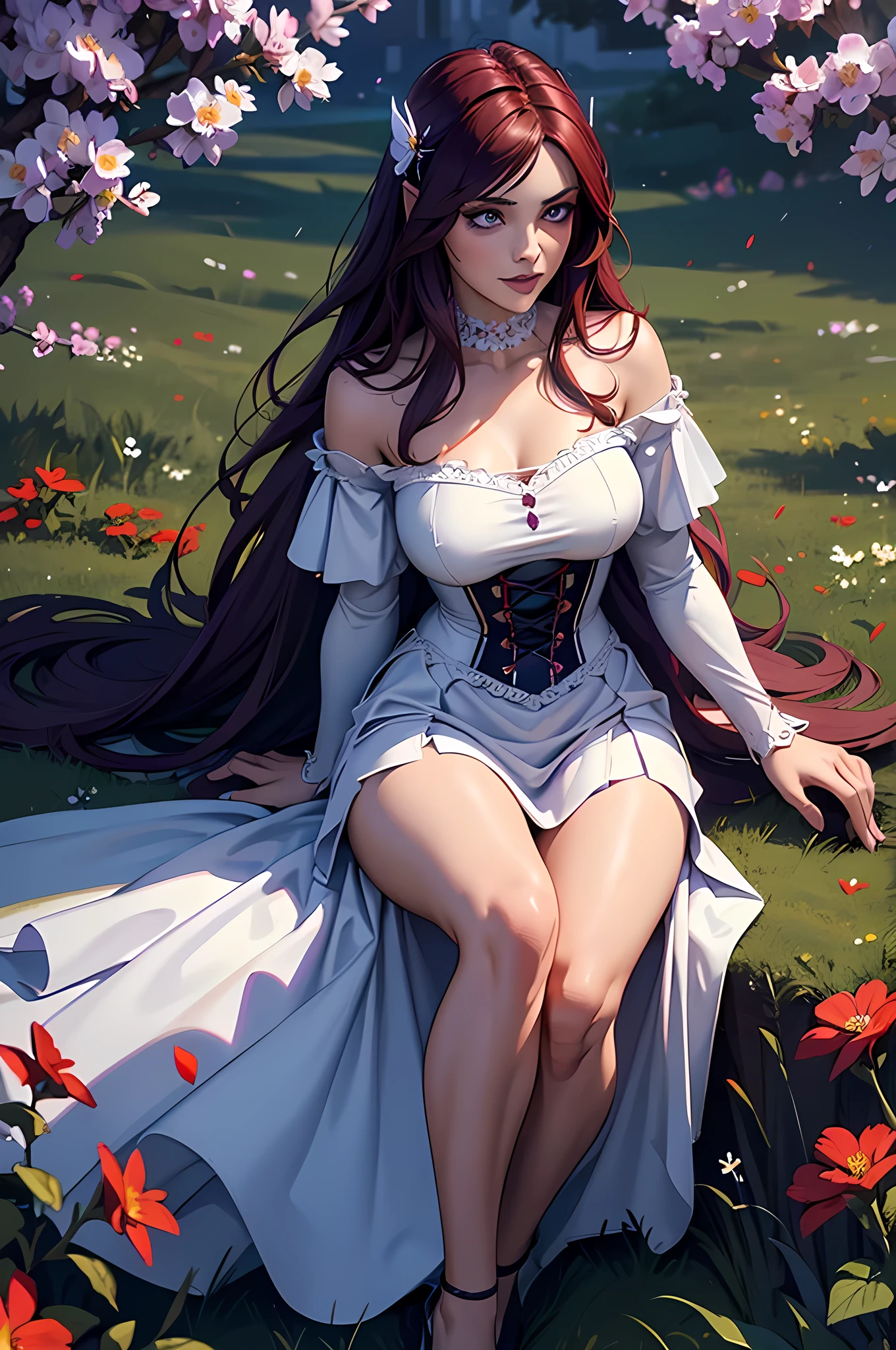 high details, best quality, 16k, RAW, [best detailed], masterpiece, best quality, (extremely detailed), full body, ultra wide shot, photorealistic, dark fantasy art, goth art, RPG art, D&D art, a picture of a dark female fairy resting in a flower meadow, extremely beautiful fairy, ultra feminine (intense details, Masterpiece, best quality), best detailed face (intense details, Masterpiece, best quality), having wide butterfly wings butterfly_wings, spread butterfly wings (intense details, Masterpiece, best quality: 1.3), (purple: 1.5) colors wings (intense details, Masterpiece, best quality), (dark red) hair, long hair, shinning hair, flowing hair, shy smile, innocent smile, (blue: 1.3) eyes, dark blue lips, wearing (white: 1.3) dress latex corset (intense details, Masterpiece, best quality), dynamic elegant shirt, chocker, wearing (red: 1.3) high heels, in various shades of red colored flower meadow (intense details, Masterpiece, best quality), (red flowers: 1.2) , (black flowers: 1.2), (white flowers: 1.2), (blue flowers: 1.3) [extreme many flowers] (intense details, Masterpiece, best quality), dark colorful flowers (intense details, Masterpiece, best quality), flower meadow in a dark goth field background, night time, moon rising, dim light, cinematic light, High Detail, Ultra High Quality, High Resolution, 16K Resolution, Ultra HD Pictures, 3D rendering Ultra Realistic, Clear Details, Realistic Detail, Ultra High Definition, #chinese cloth, dungeons and dragons, DonMDr4g0nXL