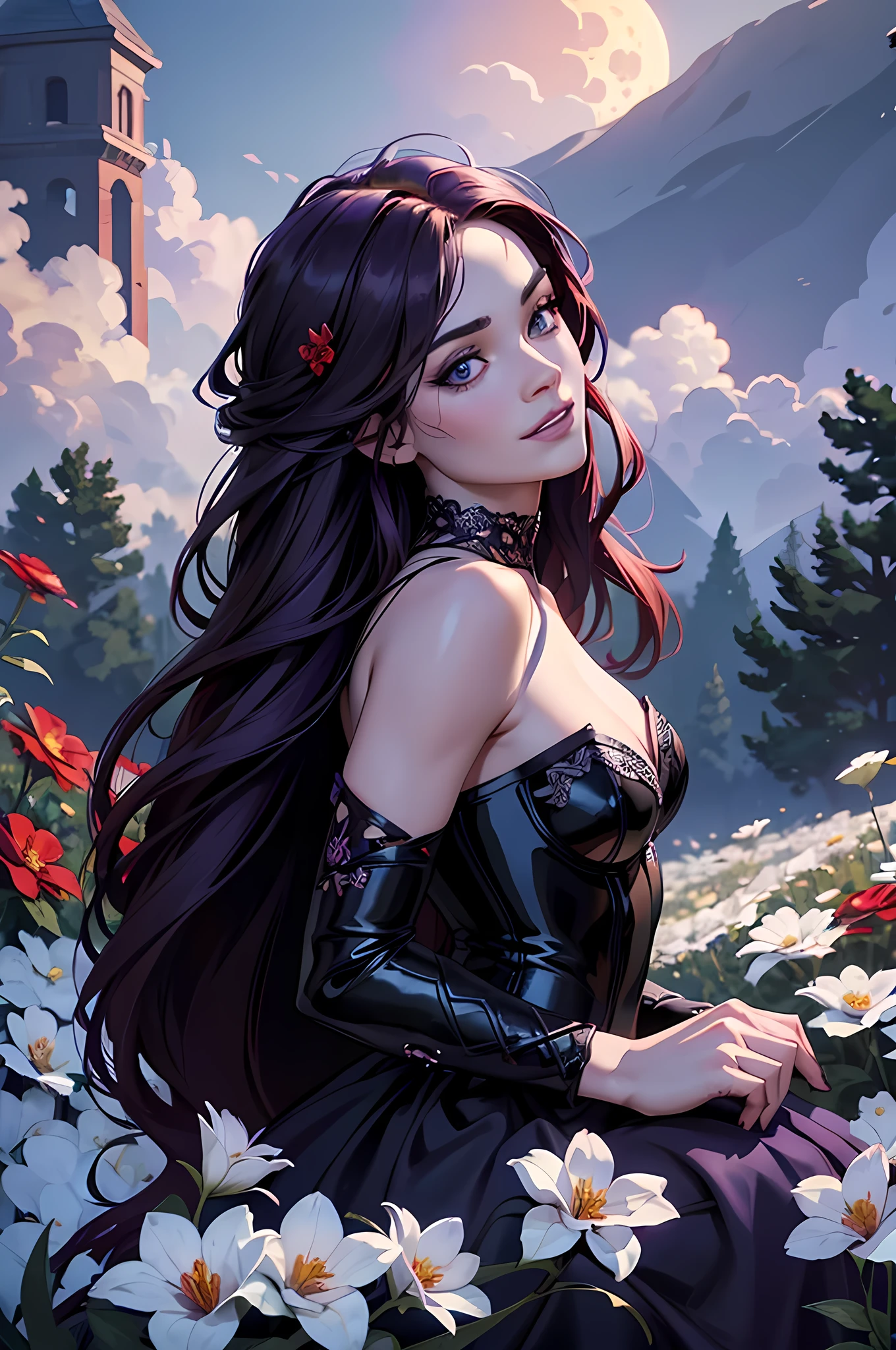 high details, best quality, 16k, RAW, [best detailed], masterpiece, best quality, (extremely detailed), full body, ultra wide shot, photorealistic, dark fantasy art, goth art, RPG art, D&D art, a picture of a dark female fairy resting in a flower meadow, extremely beautiful fairy, ultra feminine (intense details, Masterpiece, best quality), best detailed face (intense details, Masterpiece, best quality), having wide butterfly wings butterfly_wings, spread butterfly wings (intense details, Masterpiece, best quality: 1.3), (purple: 1.5) colors wings (intense details, Masterpiece, best quality), (dark red) hair, long hair, shinning hair, flowing hair, shy smile, innocent smile, (blue: 1.3) eyes, dark blue lips, wearing (white: 1.3) dress latex corset (intense details, Masterpiece, best quality), dynamic elegant shirt, chocker, wearing (red: 1.3) high heels, in various shades of red colored flower meadow (intense details, Masterpiece, best quality), (red flowers: 1.2) , (black flowers: 1.2), (white flowers: 1.2), (blue flowers: 1.3) [extreme many flowers] (intense details, Masterpiece, best quality), dark colorful flowers (intense details, Masterpiece, best quality), flower meadow in a dark goth field background, night time, moon rising, dim light, cinematic light, High Detail, Ultra High Quality, High Resolution, 16K Resolution, Ultra HD Pictures, 3D rendering Ultra Realistic, Clear Details, Realistic Detail, Ultra High Definition, #chinese cloth, dungeons and dragons, DonMDr4g0nXL