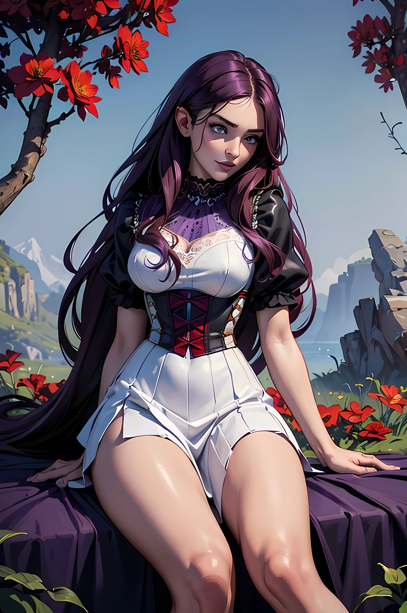 high details, best quality, 16k, RAW, [best detailed], masterpiece, best quality, (extremely detailed), full body, ultra wide shot, photorealistic, dark fantasy art, goth art, RPG art, D&D art, a picture of a dark female fairy resting in a flower meadow, extremely beautiful fairy, ultra feminine (intense details, Masterpiece, best quality), best detailed face (intense details, Masterpiece, best quality), having wide butterfly wings butterfly_wings, spread butterfly wings (intense details, Masterpiece, best quality: 1.3), (purple: 1.5) colors wings (intense details, Masterpiece, best quality), (dark red) hair, long hair, shinning hair, flowing hair, shy smile, innocent smile, (blue: 1.3) eyes, dark blue lips, wearing (white: 1.3) dress latex corset (intense details, Masterpiece, best quality), dynamic elegant shirt, chocker, wearing (red: 1.3) high heels, in various shades of red colored flower meadow (intense details, Masterpiece, best quality), (red flowers: 1.2) , (black flowers: 1.2), (white flowers: 1.2), (blue flowers: 1.3) [extreme many flowers] (intense details, Masterpiece, best quality), dark colorful flowers (intense details, Masterpiece, best quality), flower meadow in a dark goth field background, night time, moon rising, dim light, cinematic light, High Detail, Ultra High Quality, High Resolution, 16K Resolution, Ultra HD Pictures, 3D rendering Ultra Realistic, Clear Details, Realistic Detail, Ultra High Definition, #chinese cloth, dungeons and dragons, DonMDr4g0nXL