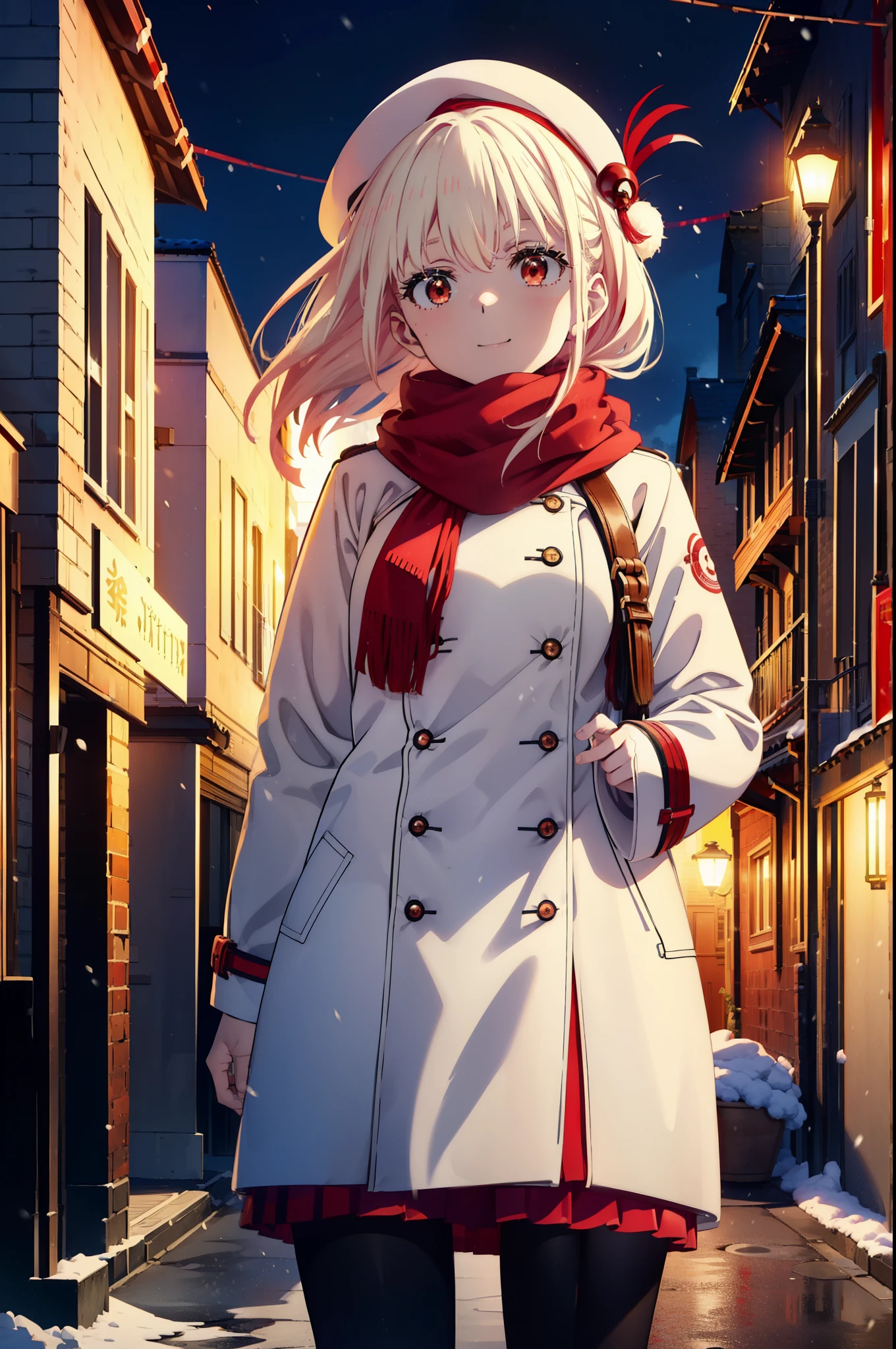 chisatonishikigi, nishikigi chisato,Long Hair , bangs, blonde, (Red eyes:1.5),happy smile, smile, Open your mouth,White knit hat,White Coat,Red Scarf,White Sweater,Hands in coat pockets,Long skirt,Black pantyhose,short boots,Shirogane World,Snow is piling up,that&#39;it&#39;s snowing,that&#39;it&#39;s snowing,winter,Cold Sky,moonlight,full moon,night,
break looking at viewer, whole body, Upper Body,(Cowboy Shot:1. 5)
break outdoors, cthaty,Building Street,
break (masterpiece:1.2), highest qualthaty, High resolution, unthaty 8k wallpaper, (shape:0.8), (Beautiful and beautiful eyes:1.6), Highly detailed face, Perfect lighting, Extremely detailed CG, (Perfect hands, Perfect Anatomy),