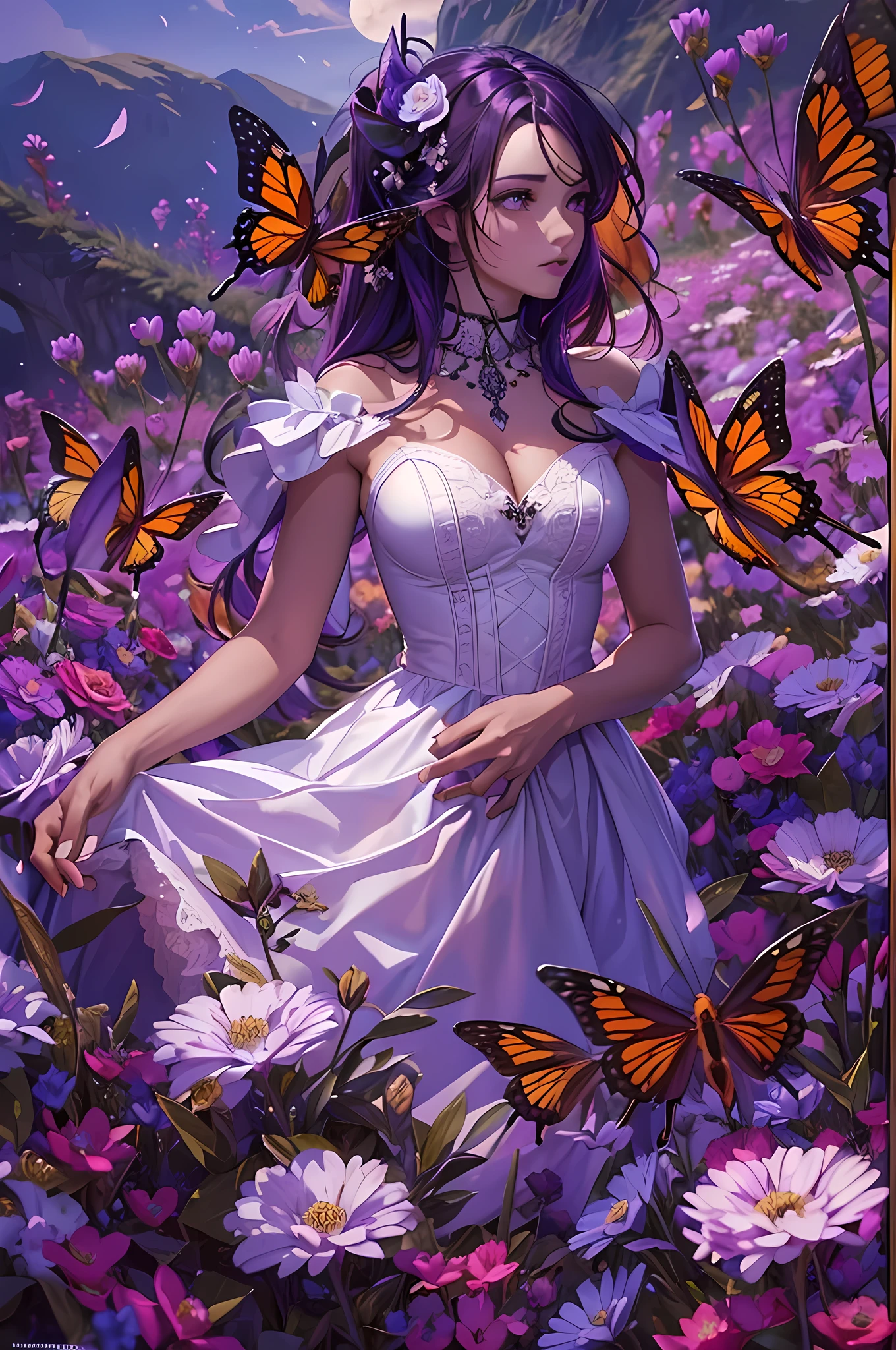 high details, best quality, 16k, RAW, [best detailed], masterpiece, best quality, (extremely detailed), full body, ultra wide shot, photorealistic, dark fantasy art, goth art, RPG art, D&D art, a picture of a dark female fairy resting in a flower meadow, extremely beautiful fairy, ultra feminine (intense details, Masterpiece, best quality), best detailed face (intense details, Masterpiece, best quality), having wide butterfly wings butterfly_wings, spread butterfly wings (intense details, Masterpiece, best quality: 1.3), (purple: 1.5) colors wings (intense details, Masterpiece, best quality), (dark red) hair, long hair, shinning hair, flowing hair, shy smile, innocent smile, (blue: 1.3) eyes, dark blue lips, wearing (white: 1.3) dress latex corset (intense details, Masterpiece, best quality), dynamic elegant shirt, chocker, wearing (red: 1.3) high heels, in various shades of red colored flower meadow (intense details, Masterpiece, best quality), (red flowers: 1.2) , (black flowers: 1.2), (white flowers: 1.2), (blue flowers: 1.3) [extreme many flowers] (intense details, Masterpiece, best quality), dark colorful flowers (intense details, Masterpiece, best quality), flower meadow in a dark goth field background, night time, moon rising, dim light, cinematic light, High Detail, Ultra High Quality, High Resolution, 16K Resolution, Ultra HD Pictures, 3D rendering Ultra Realistic, Clear Details, Realistic Detail, Ultra High Definition, #chinese cloth, dungeons and dragons, DonMDr4g0nXL