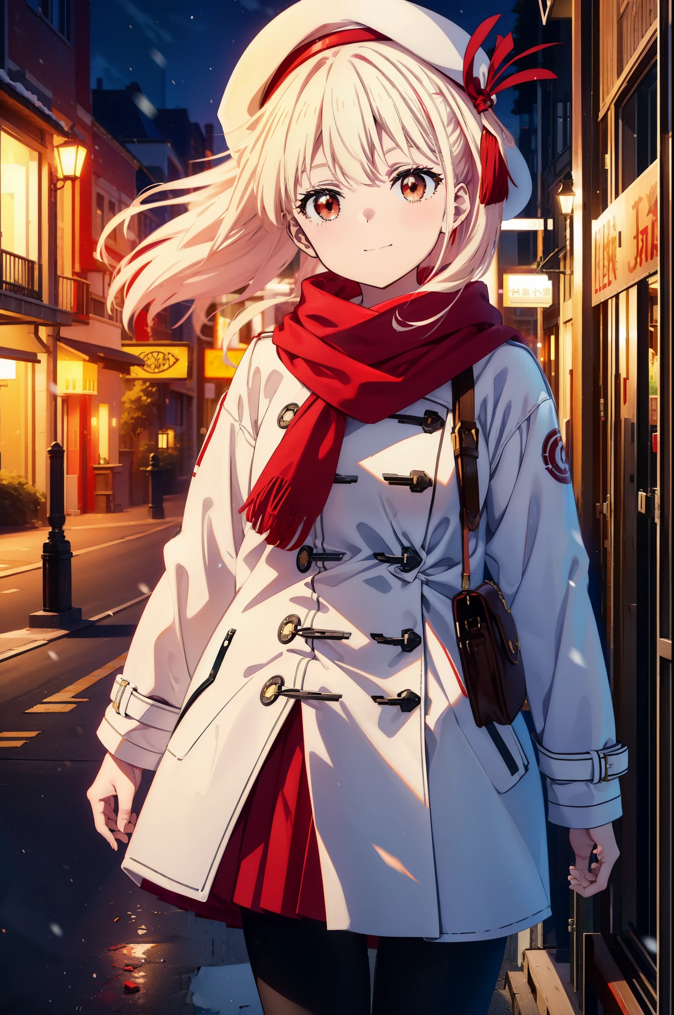 ce n&#39;est même pas atténué, Nishikigi Chisato,cheveux longs , frange, blond, (les yeux rouges:1.5),happy sourire, sourire, Ouvrez la bouche,WhIle knIl hat,WhIle Coat,écharpe rouge,WhIle Sweater,Les mains dans les poches du manteau,Jupe longue,collants noirs,bottes courtes,Monde Shirogane,La neige s&#39;accumule,Il&#39;il neige,Il&#39;il neige,hiver,ciel froid,matin,matin陽,Le soleil se lève,
casser looking at viewer, tout le corps, Haut du corps,(tir de cow-boy:1. 5)
casser outdoors, c que oui,rue du bâtiment,
casser (chef-d&#39;œuvre:1.2), la plus haute qualité, haute résolution, un ce fond d&#39;écran 8k, (forme:0.8), (De beaux et beaux yeux:1.6), Visage très détaillé, éclairage parfait, CG extrêmement détaillé, (des mains parfaites, Anatomie parfaite),