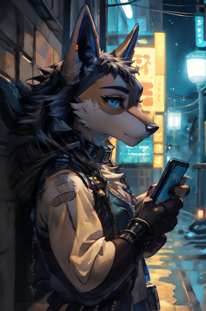 [M=" Schlanker, anthro, (Lucario), blaue Jacke, Pokémon Unite-Stil, süßer, weiblich, 4 Finger, flauschige, Stachelhalsband, vollständiges Profil, schmale Jacke"], M is leaning on a street wall while whatching one smartphone, is holding the smartphone, sehr detailliert, Meisterwerk, Atemberaubend, sanfte Neonbeleuchtung, Beleuchtung des Smartphones, Nacht, cyberpunk street style  superb furry art, Trends auf ArtStation, lebendige Augenfarbe . von Pixelsketcher, by pikaflufftulf, by hioshiru, von WLOP, 