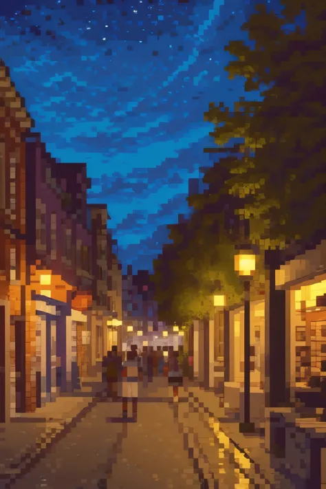 street pov of a fantast town, at night, walking through the city