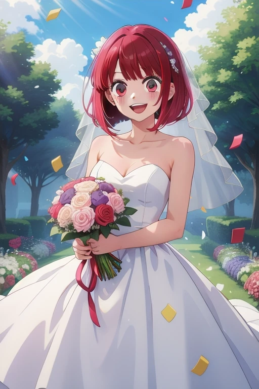 masterpiece, best quality, highres, aakana, aakana, short hair, red eyes,wedding dress, white dress, garden, holding bouquet, smile, open mouth, confetti,