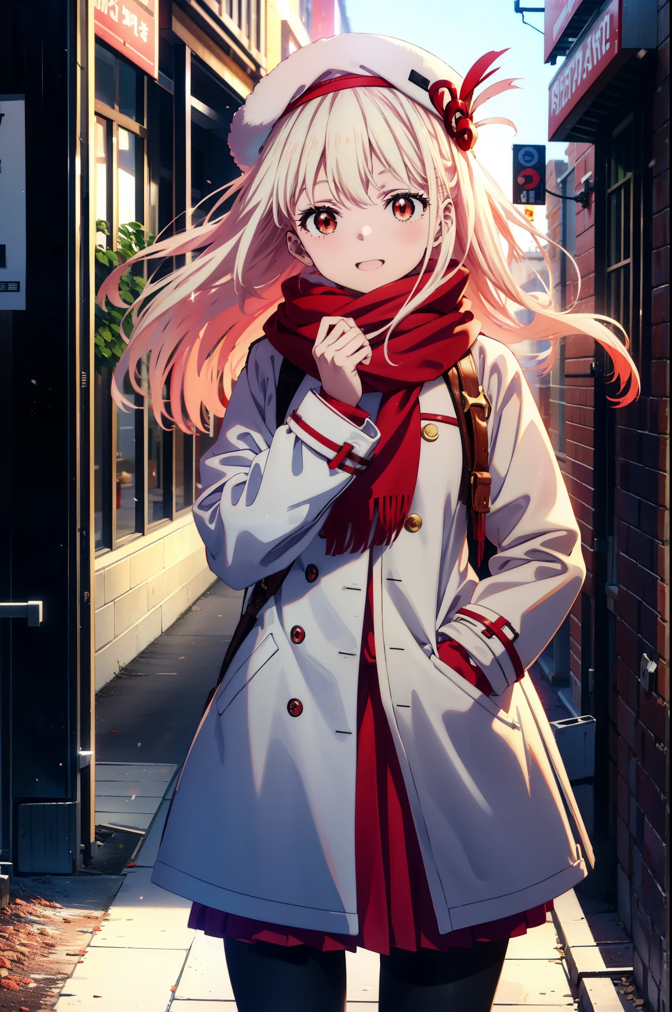 ce n&#39;est même pas atténué, Nishikigi Chisato,cheveux longs , frange, blond, (les yeux rouges:1.5),happy sourire, sourire, Ouvrez la bouche,WhIle knIl hat,WhIle Coat,écharpe rouge,WhIle Sweater,Les mains dans les poches du manteau,Jupe longue,collants noirs,bottes courtes,Monde Shirogane,La neige s&#39;accumule,Il&#39;il neige,Il&#39;il neige,hiver,ciel froid,matin,matin陽,Le soleil se lève,
casser looking at viewer, tout le corps, Haut du corps,(tir de cow-boy:1. 5)
casser outdoors, c que oui,rue du bâtiment,
casser (chef-d&#39;œuvre:1.2), la plus haute qualité, haute résolution, un ce fond d&#39;écran 8k, (forme:0.8), (De beaux et beaux yeux:1.6), Visage très détaillé, éclairage parfait, CG extrêmement détaillé, (des mains parfaites, Anatomie parfaite),