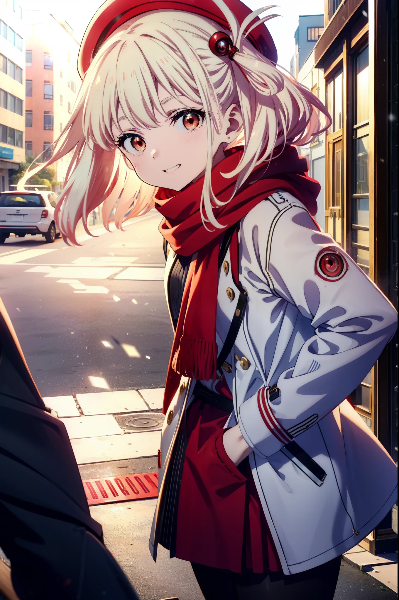 chisatonishikigi, nishikigi chisato,Long Hair , bangs, blonde, (Red eyes:1.5),happy smile, smile, Open your mouth,White knit hat,White Coat,Red Scarf,White Sweater,Hands in coat pockets,Long skirt,Black pantyhose,short boots,Shirogane World,Snow is piling up,it&#39;s snowing,it&#39;s snowing,winter,Cold Sky,morning,morning陽,The sun is rising,
break looking at viewer, whole body, Upper Body,(Cowboy Shot:1. 5)
break outdoors, c that y,Building Street,
break (masterpiece:1.2), highest qualそれy, High resolution, unそれy 8k wallpaper, (shape:0.8), (Beautiful and beautiful eyes:1.6), Highly detailed face, Perfect lighting, Extremely detailed CG, (Perfect hands, Perfect Anatomy),