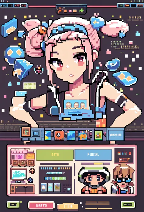 highres, absurdres, User Interface of Action game, dots game, pixel art, 8 bits pixel art, player select page, 1girl, 1boy,