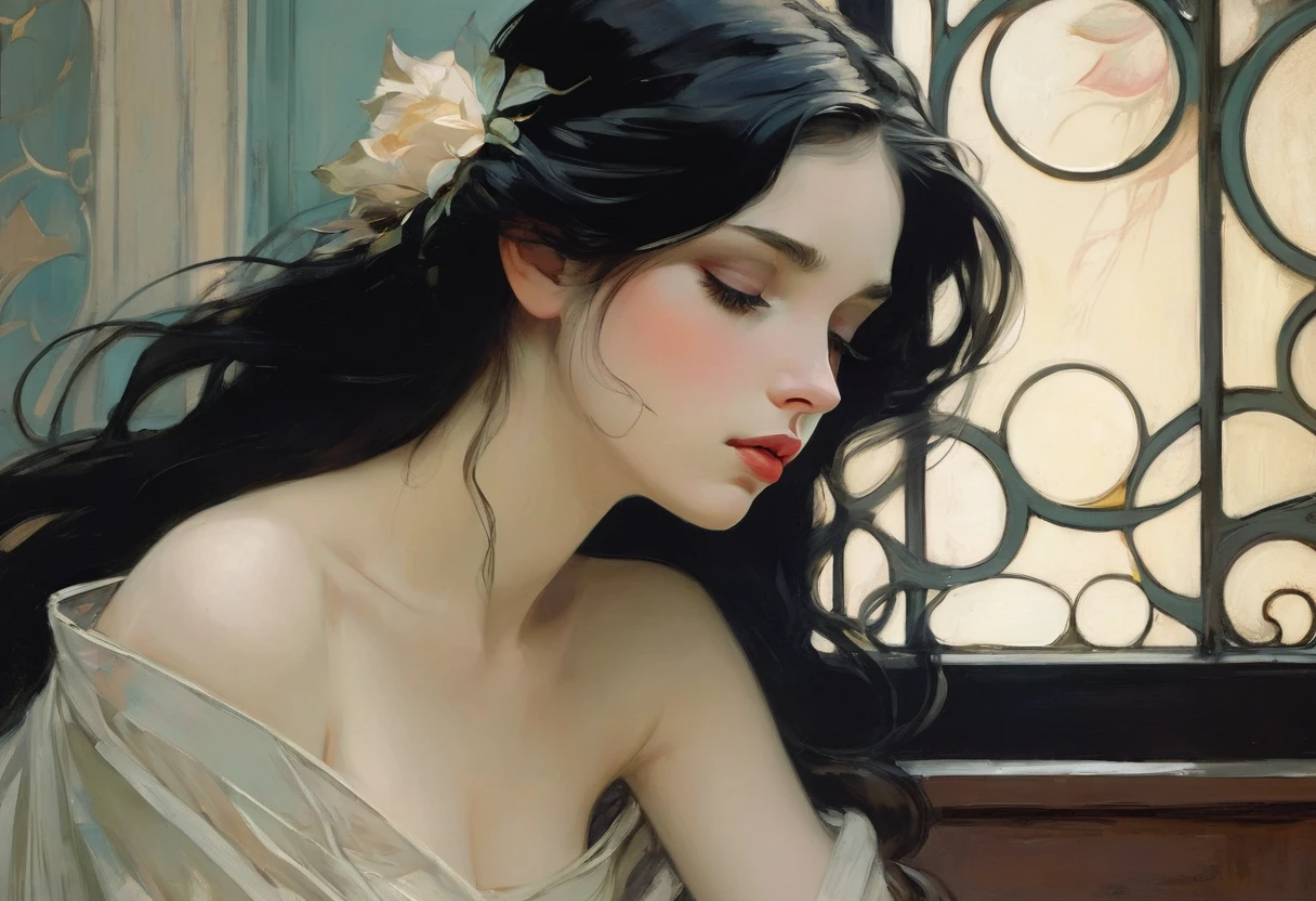 (best quality,realistic:1.2),ultra-detailed,blonde hair,Malcolm Liepke style,mucha,frontage,1girl,black hair,long hair,detailed eyes,detailed lips,closed mouth,emotional painting,pale color palette,soft brushstrokes,sensuous,expressive,graceful,subtle light and shadows,quiet contemplation,vintage aesthetic,romantic atmosphere,wistful,serene ambiance,captivating gaze,graceful pose,delicate features,dreamlike quality,ethereal beauty,subdued tones,delicate skin texture,classic elegance,sublime composition,masterful technique,impressionistic,radiant energy,subtle emotion,intricate details,subdued color scheme,soft and gentle,subtle facial expression