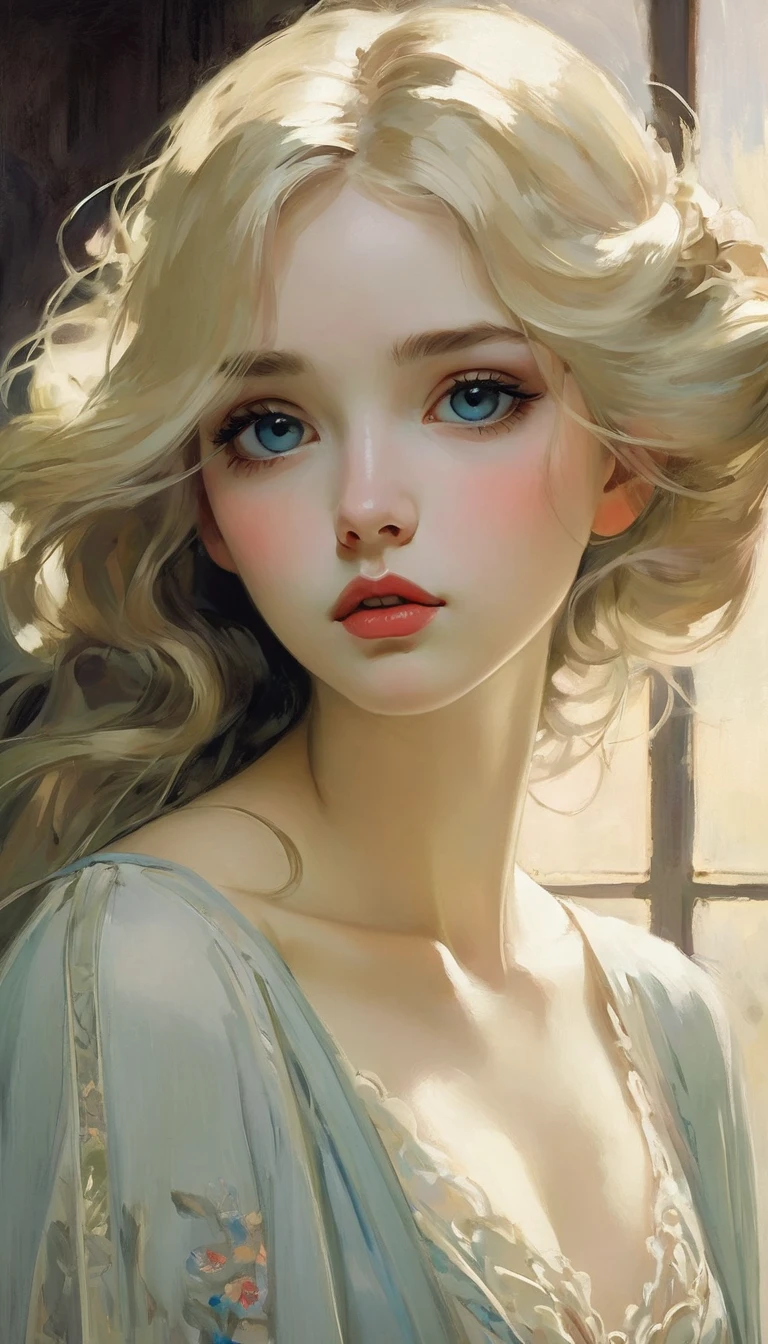 (best quality,realistic:1.2),ultra-detailed,blonde hair,Malcolm Liepke style,mucha,frontage,1girl,black hair,long hair,detailed eyes,detailed lips,closed mouth,emotional painting,pale color palette,soft brushstrokes,sensuous,expressive,graceful,subtle light and shadows,quiet contemplation,vintage aesthetic,romantic atmosphere,wistful,serene ambiance,captivating gaze,graceful pose,delicate features,dreamlike quality,ethereal beauty,subdued tones,delicate skin texture,classic elegance,sublime composition,masterful technique,impressionistic,radiant energy,subtle emotion,intricate details,subdued color scheme,soft and gentle,subtle facial expression