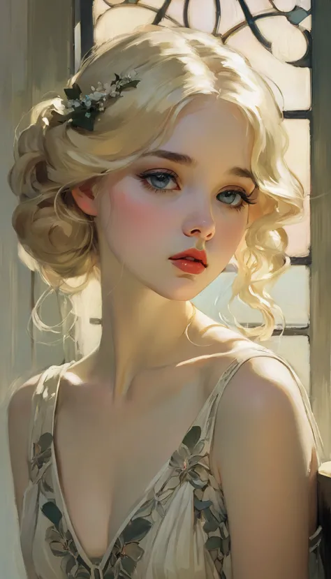 (best quality,realistic:1.2),ultra-detailed,blonde hair,Malcolm Liepke style,mucha,frontage,1girl,black hair,long hair,detailed ...