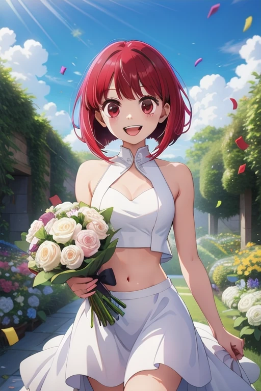 masterpiece, best quality, highres, akana, short hair, red eyes,wedding dress, white dress, garden, holding bouquet, smile, open mouth, confetti,Shoulder Bare、midriff peek、bare legs