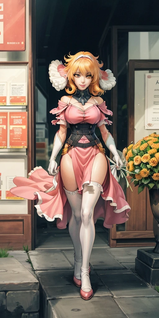 ((Roxanne)) ((woman dressed holding flowers and flowers near a store window)) 1girl, flower, solo (dog fluffy ears) [[orange hair]] pantyhose, bouquet, looking at viewer, black hairband, yellow eyes, dress, hair flower, holding a bouquet, standing, short sleeves, white footwear,(dress color:white, pink:1.4) yellow flower, selling flowers, scenery, night time, wall lamp, smile, pink flowers, blue flowers, cowboy shot, large breasts, small ribbon on flower as tie ((scenery)),(((scenery))),windy,(windy:1.3),(scenery),((scenery)),(((scenery)))