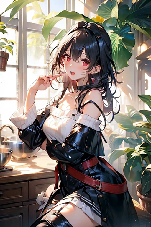 masterpiece, yor, 1girl, Amazing Cleavage:1.3, thin waist, big ass, Raised sexy, medium breast: 1.3 posed cleavage:1.2、solo, looking at viewer, open mouth, have a cup of coffee,black hair, red eyes, dress, bare shoulders, jewelry, collarbone, sidelocks, hairband, earrings, indoors, off shoulder, :o, sweater, arms behind back, plant, short hair with long locks, white hairband, off-shoulder dress, sweater dress, off-shoulder sweater, red sweater, big side hair, very long side hair,is rendered in (masterpiece: 1.2, best quality), with (ultra high resolution) and an exquisite (depth of field). This masterpiece is not only visually stunning but also tells, make of cooking some cakes ,in the kitchen,open mouth smile((leather thigh high boots))(garter belt),((black hair)),blush、surprised face,