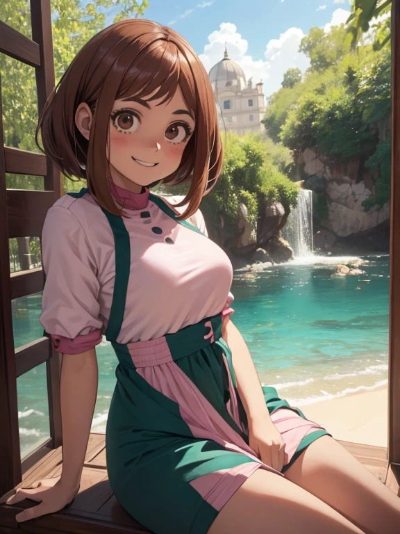 High Definition, 8k, detailed face, huge ass, grabbing his ass, showing her ass, crouched, Ochako Uraraka from My Hero Academia, deep brown eyes, ((pink transparent lingerie)), spa, (big breasts)), thin and thin, Body of equal proportions, ((focus on her ass)), back view, four fingers and 1 thumb, ((2 hands)), By the chestnut, Beautiful smile, smiling at the viewer, blushing cheeks,