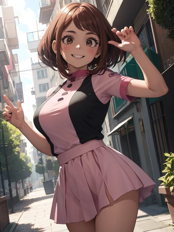 High Definition, 8k, detailed face, huge ass, grabbing his ass, showing her ass, crouched, Ochako Uraraka from My Hero Academia, deep brown eyes, ((pink transparent lingerie)), spa, (big breasts)), thin and thin, Body of equal proportions, ((focus on her ass)), back view, four fingers and 1 thumb, ((2 hands)), By the chestnut, Beautiful smile, smiling at the viewer, blushing cheeks,