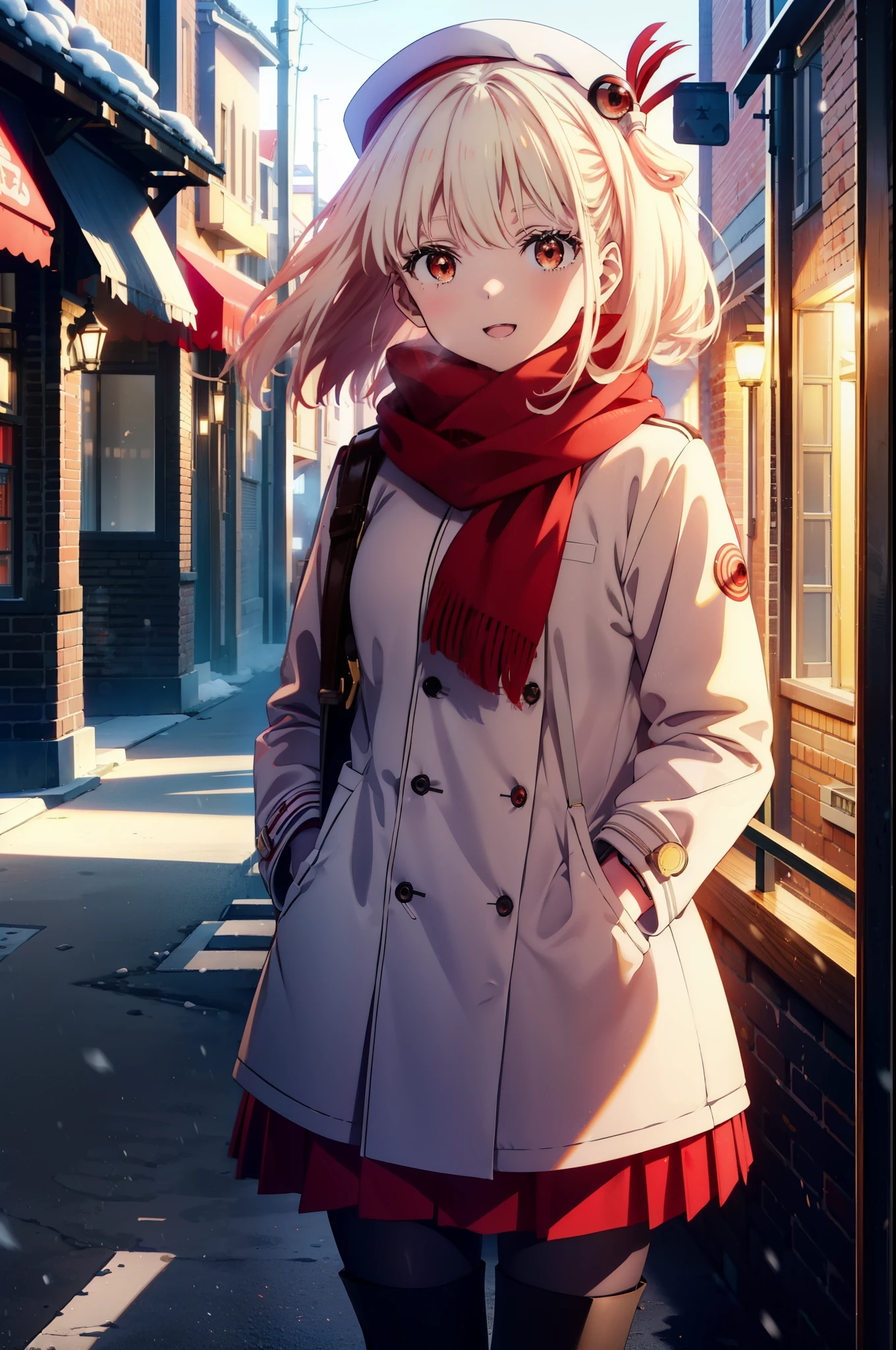 chisatonishikigi, nishikigi chisato,Long Hair , bangs, blonde, (Red eyes:1.5),happy smile, smile, Open your mouth,White knit hat,White Coat,Red Scarf,White Sweater,Hands in coat pockets,Long skirt,Black pantyhose,short boots,Shirogane World,Snow is piling up,it&#39;s snowing,it&#39;s snowing,winter,Cold Sky,morning,morning陽,The sun is rising,
break looking at viewer, whole body, Upper Body,(Cowboy Shot:1. 5)
break outdoors, c that y,Building Street,
break (masterpiece:1.2), highest qualそれy, High resolution, unそれy 8k wallpaper, (shape:0.8), (Beautiful and beautiful eyes:1.6), Highly detailed face, Perfect lighting, Extremely detailed CG, (Perfect hands, Perfect Anatomy),