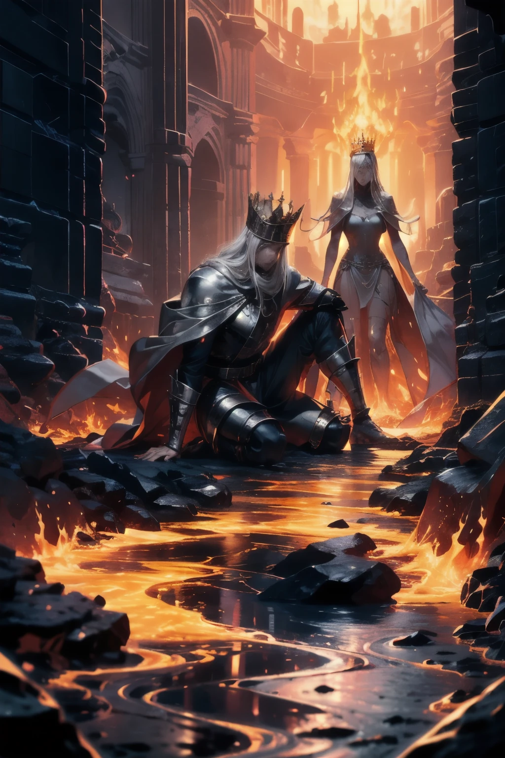 male, prince, crippled, (crawling), on knees, blind, (eyes covered with crown), silver armor, long silver hair, pale grey skin, silver cape, (curved silver crown), decorated, (holding flaming greatsword), mute, silent, suffering, dark throne room, pillars in background, 8K, Ultra HD, masterpiece