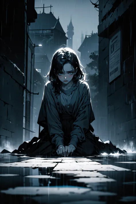 a woman sitting on the ground in a dark alley