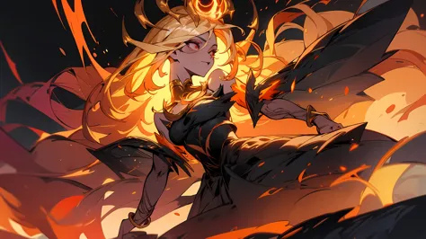 A powerhouse, vibrant and otherworldly painting: A goddess of the underworld surrounded by flames. The flames encompass every in...